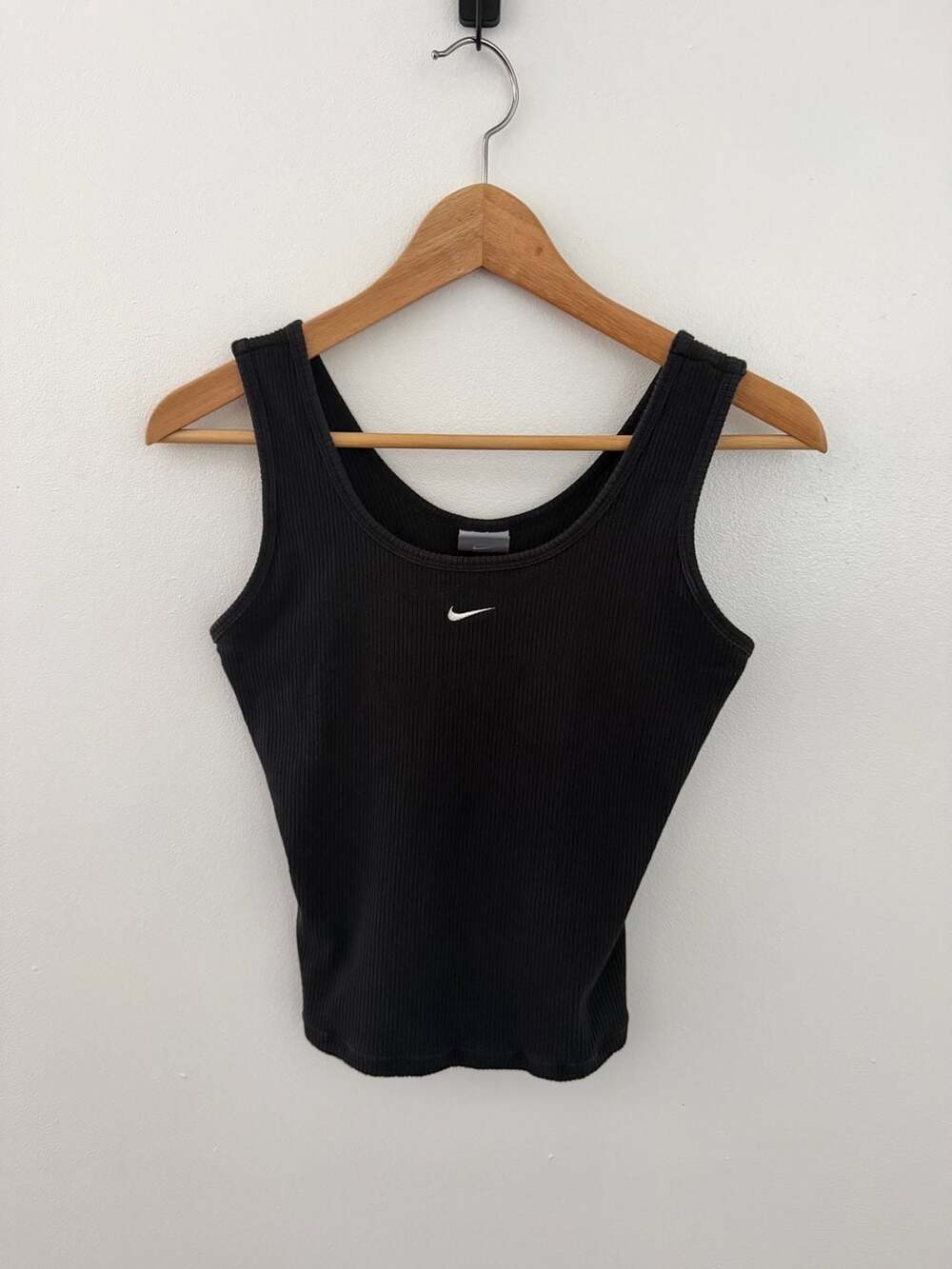 Nike Women's Black Ribbed Tank Top with White Embroidered Swoosh Size S
